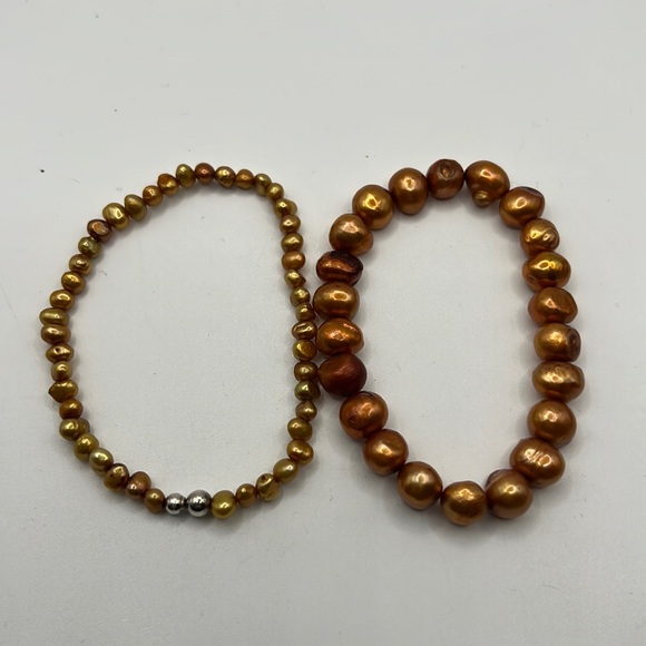 TWO BRONZE AND GOLD REAL FRESHWATER PEARL STRETCH BRACELETS-ONE WITH STERLING - Picture 1 of 12